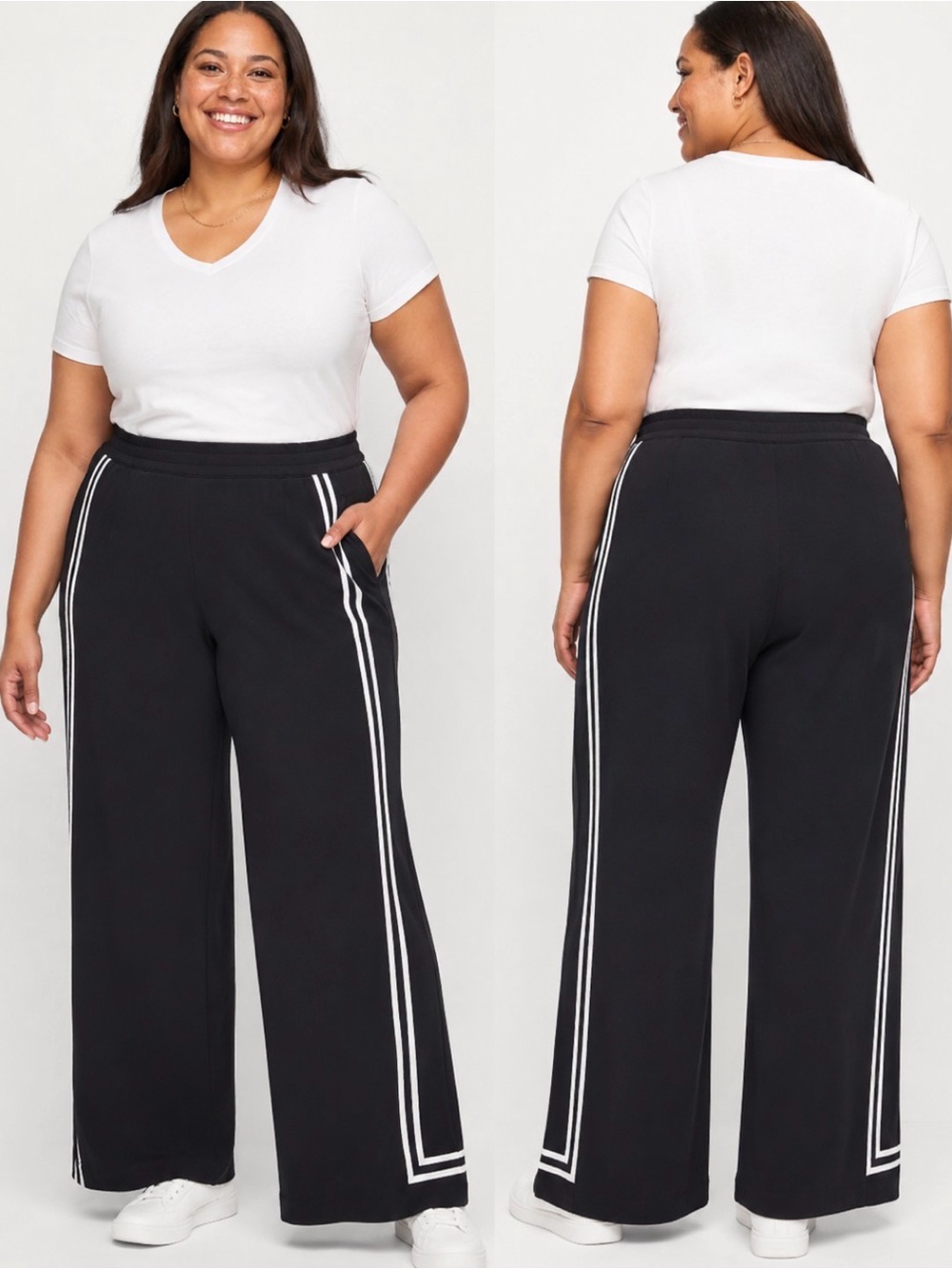 T By Talbots Pants Women’s XL Pique’ Tipped Wide Leg Black Elastic Waist Pockets